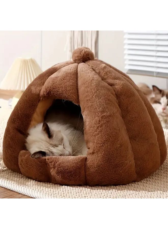 Large Khaki Plush Mongolian Cat Bed Warm Half Enclosed Dome Tent For Cats And Small Dogs - Image 3